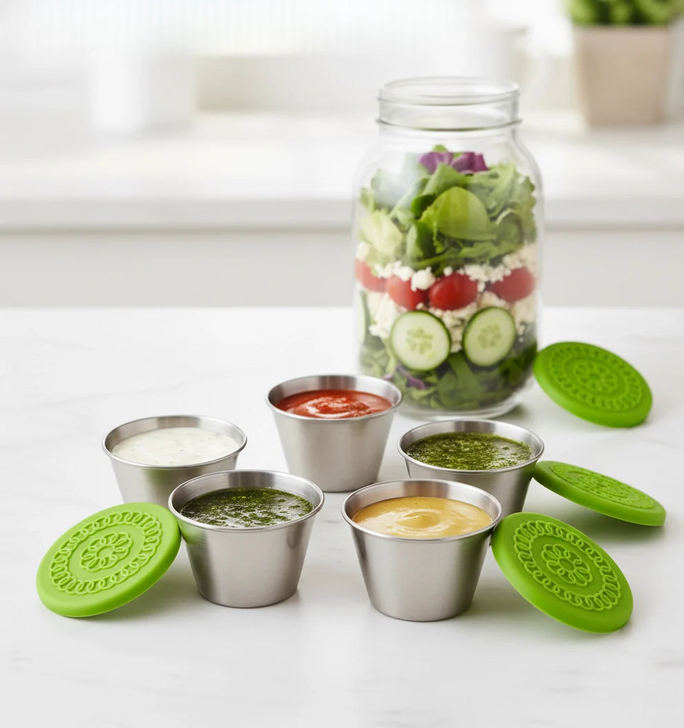 PURET Premium Stainless Steel Mini Dipping Sauce Cups with Flexible Silicone Lids - Portable Travel Food Containers for Snacks & To-Go Lunch