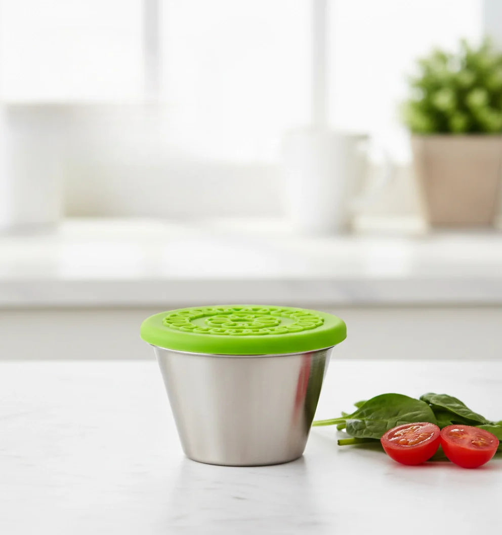 PURET Premium Stainless Steel Mini Dipping Sauce Cups with Flexible Silicone Lids - Portable Travel Food Containers for Snacks & To-Go Lunch