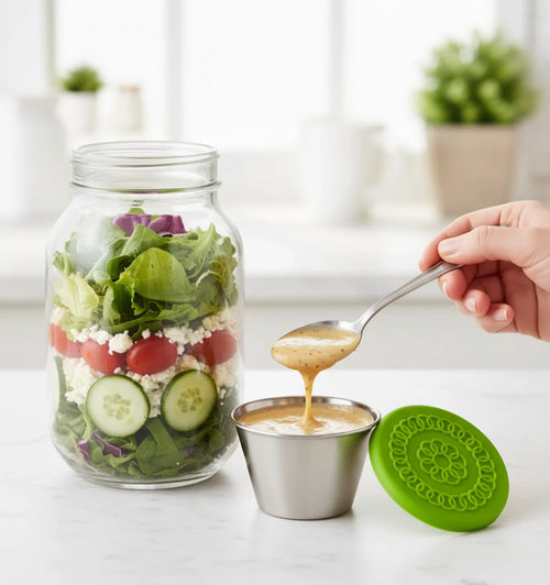PURET Premium Stainless Steel Mini Dipping Sauce Cups with Flexible Silicone Lids - Portable Travel Food Containers for Snacks & To-Go Lunch