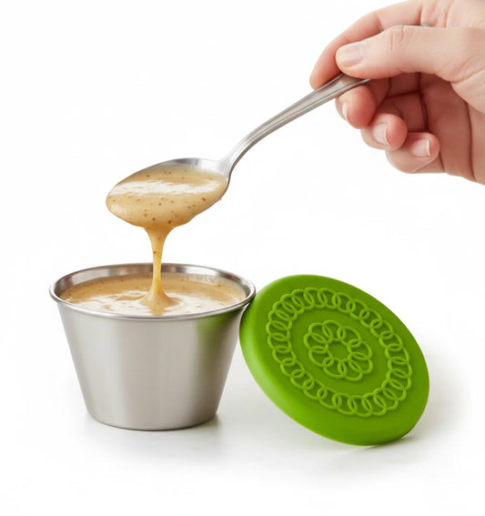 PURET Premium Stainless Steel Mini Dipping Sauce Cups with Flexible Silicone Lids - Portable Travel Food Containers for Snacks & To-Go Lunch