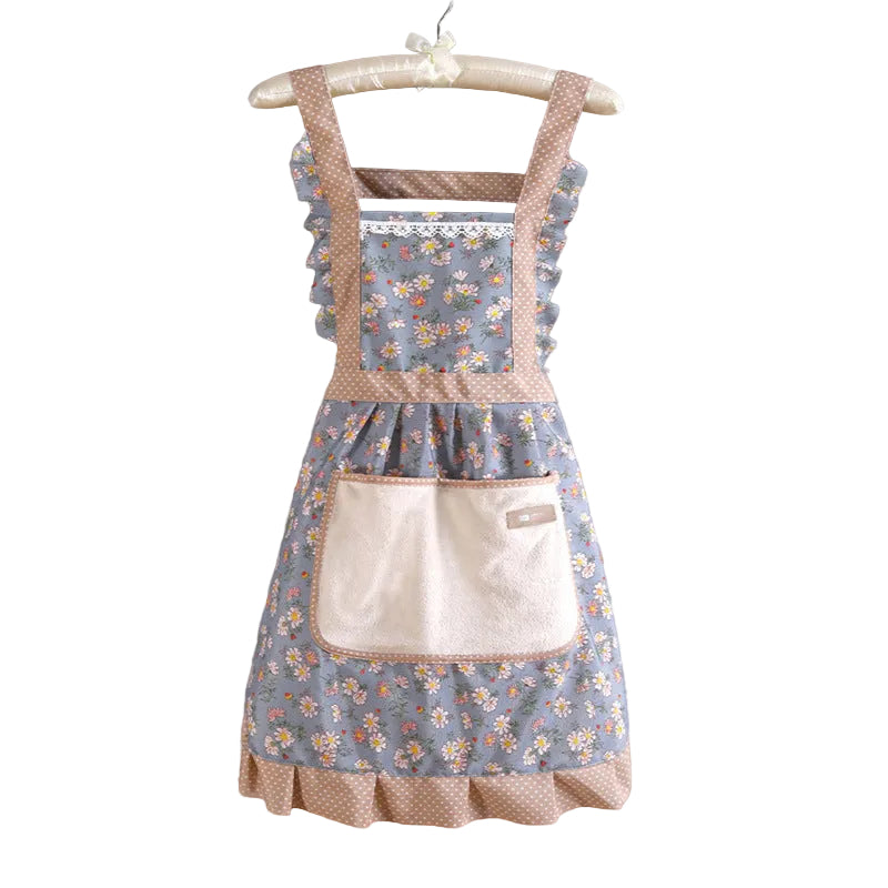 PURET Floral Cotton Kitchen Apron with Water-Resistant Coating - Adjustable Cooking Apron with Front Pockets for Women & Men